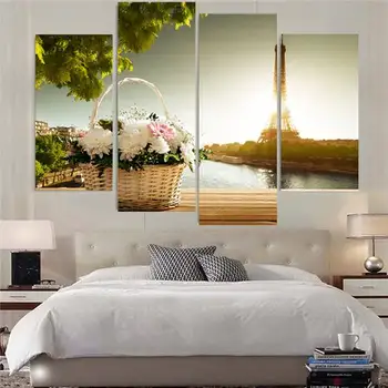 

4 Plane Modern Home Decor Wall Art Canvas Baskets And The Eiffel Tower Landscape Picture Print Painting Modular Picture dropship