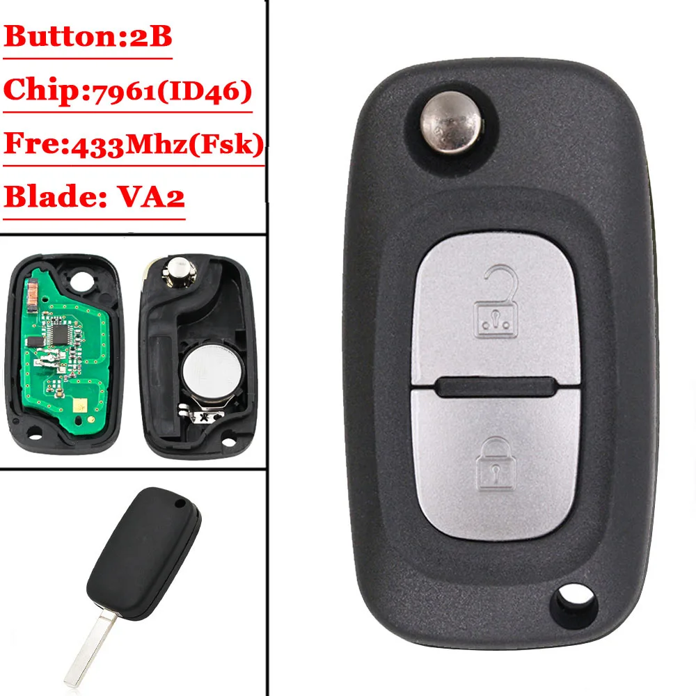 Remota para Renault Novo Botões Pcf7961a Id46 Chip Flip Chave Clio Iii 3 Kangoo Mestre Modus Twingo 2006-2020 2 433 Mhz