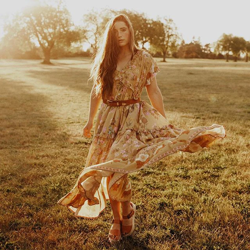 

KHALEE YOSE Summer Floral Long Dress Yellow Maxi Women Dress V-neck Ruffles Tiered Vintage Hippie Boho Holiday Beach Dresses