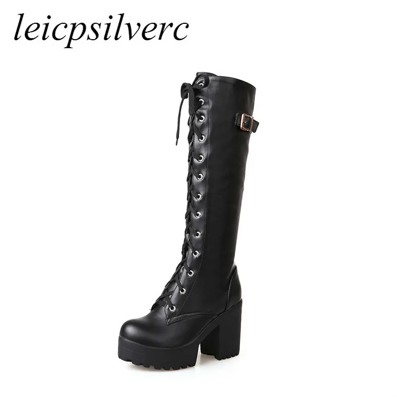 

Women Boots High Heels Shoes Autumn Winter Warm 2019 Sexy New Fashion Lace-up Pu Knee High Motorcycle Boot Platform Black White