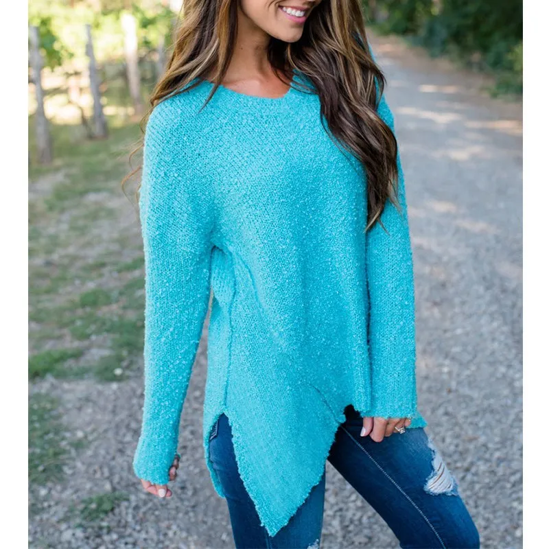 

Fall Clothing for Women Long Sleeve Shirt Blue Red Tshirt Vneck Asymmetrical Tops Oversized T Shirt Slit Casual Loose Streetwear