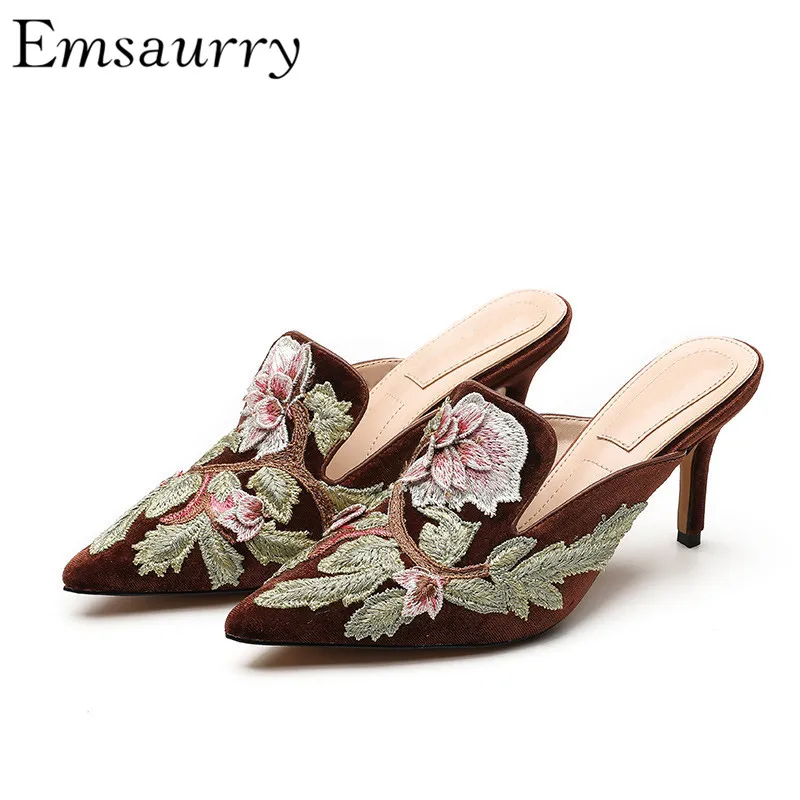 

Embroidery Floral Mules Sexy Pointed Toe Thin Heel Fashion Outwear Lazyman Shoes New Summer Slippers Women