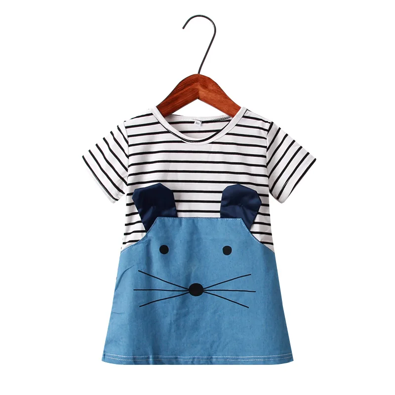 short sleeve Летние платья для девочек хлопковые платья в полоску с короткими рукавами и рисунком мышки для девочек 1-5 лет - Цвет: short sleeve