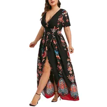 Женское длинное платье, сексуальное, с разрезом сбоку, плюс размер, 5XL, макси платья с принтом бабочки, с v-образным вырезом, с коротким рукавом, повседневное длинное платье, Vestidos# 5