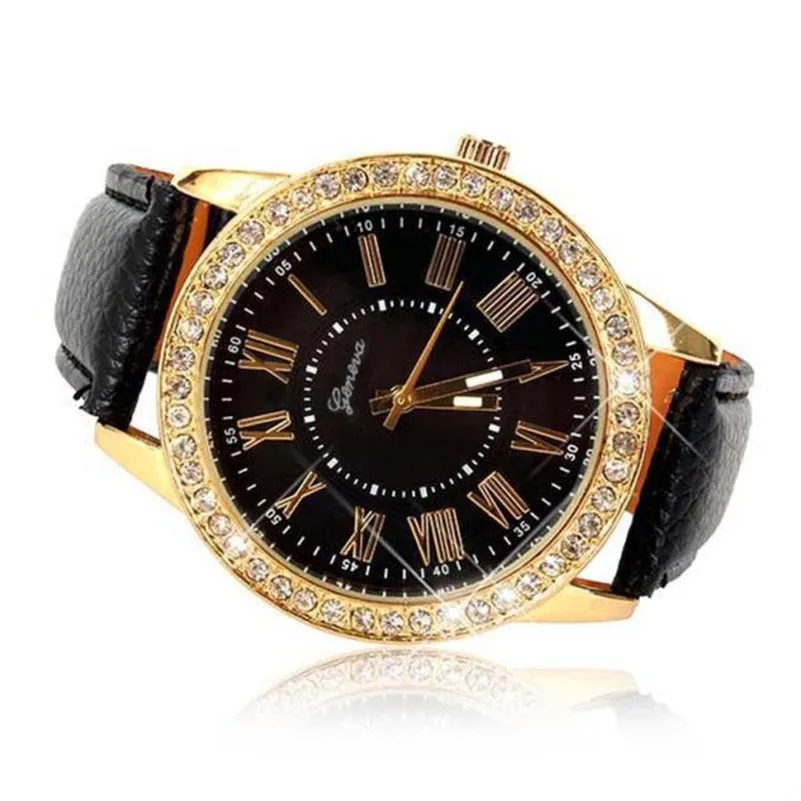 Шикарные Женские Роскошные Кварцевые наручные часы с золотым кристаллом и кожаным ремешком, женские часы с роскошным браслетом, модная женская одежда, новинка, A40 - Цвет: Black