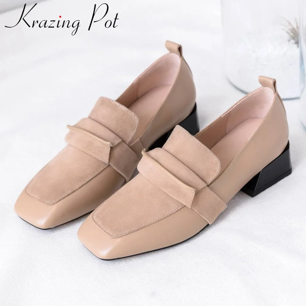 

Kraing Pot real cow leather low heels slip on young lady square toe handmade concise dress dating Spring brand women pumps L12