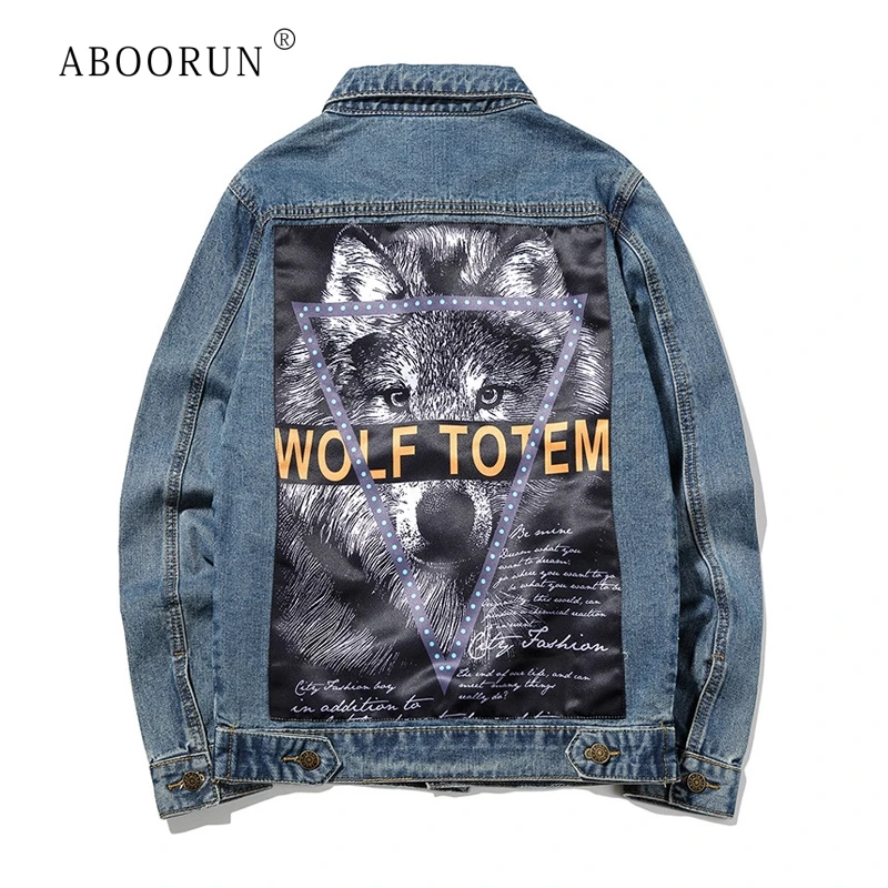 

ABOORUN Men's Fashion Denim Jackets Hip Hop Wolf Printed Denim Jackets Spring Autumn Coat for Male R181