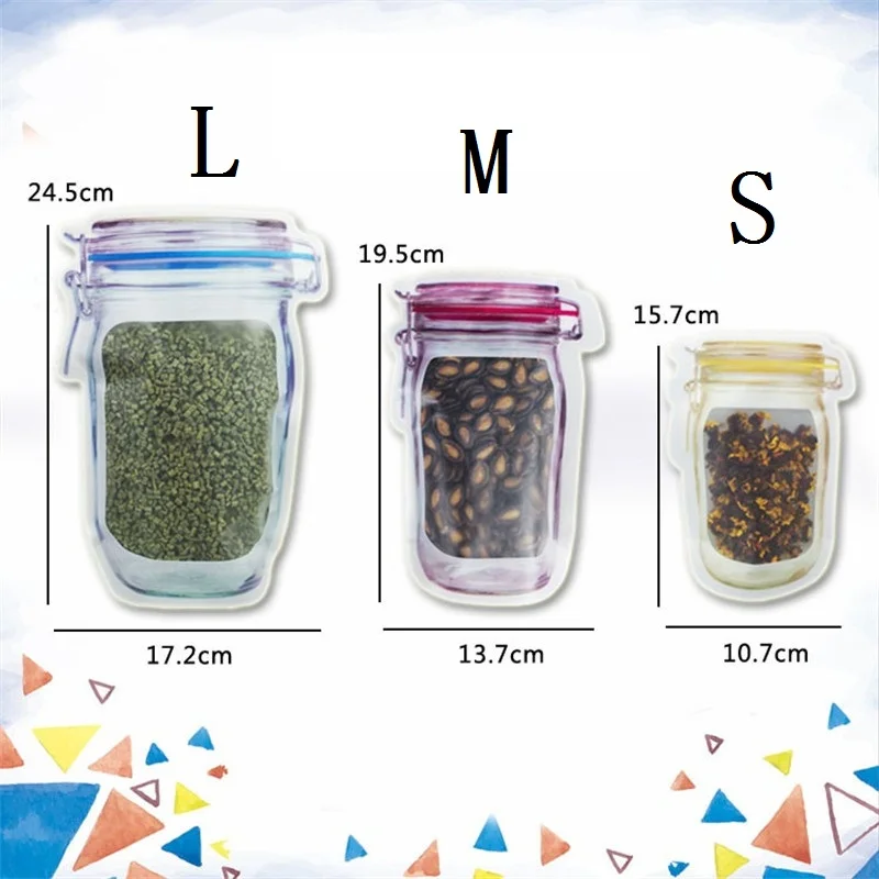 

600pcs/lot Wholesale Mason Jar Shaped Food Container Plastic Bag Clear Mason Bottle Modeling Zippers Storage Snacks Plastic Box