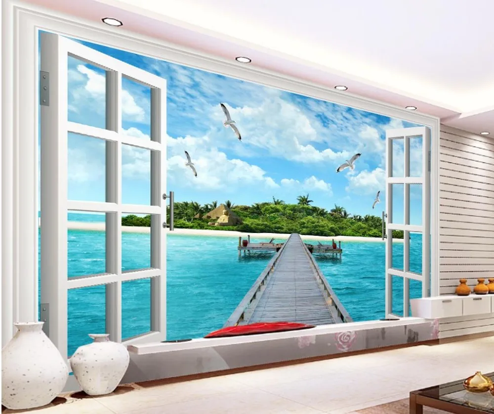 Image 3d seagull seascape landscape island blue sky windows classic painting wallpaper Home Decoration mural 3d wallpaper