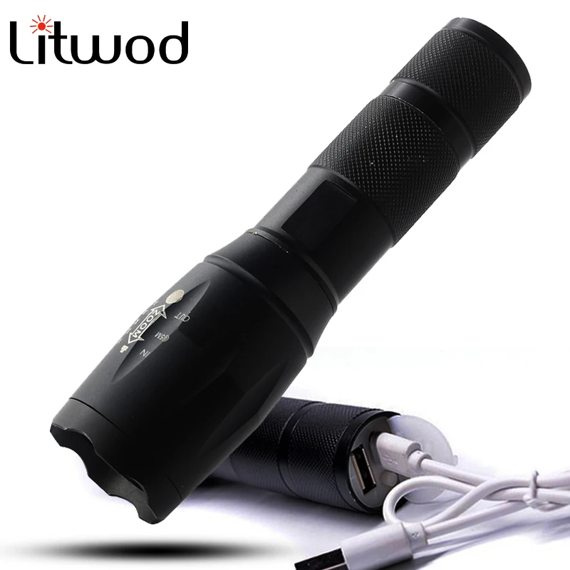 

Litwod Z25 led Flashlight XML L2 T6 Tactical Torch Zoomable Powerful Rechargeable flashlight USB Charger Lamp camping Light