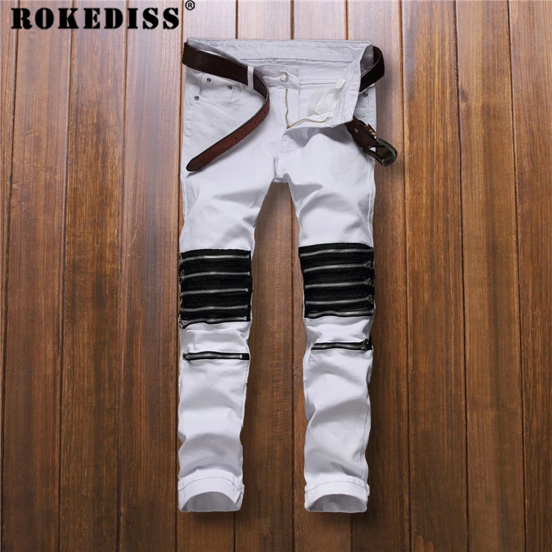 

Mens overalls fashion 2017 Spring and Autumn Hole zipper Cut rotten Elasticity Foot pants fashion locomotive Punk trousers C150
