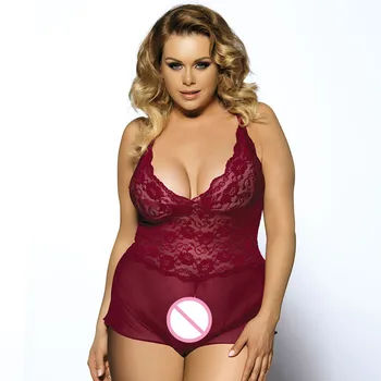 

New M-5XL Plus Large Size Women Sexy Lingerie Nightdress Lace Fat MM Clothes Backless Perspective Pajamas + G-string R70334