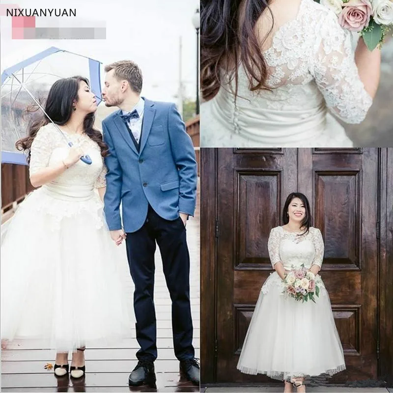 

Short Spring Vintage Sheer Lace Ankle-Length Plus Size Wedding Dresses Couture Half Sleeve Tulle Bridal Gowns Covered Buttons