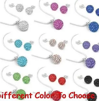 

10 set/lot 10mm multicolor mixed white disco ball set silver plated drop studs earrings Necklace Chains h5643