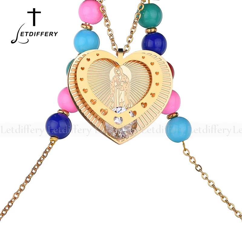 

Letdiffery Blessed Virgin Mary Pendant Necklace Heart Shaped Colorful Beads Women Necklace Our Lady Goddess