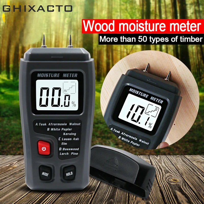 

GHIXACTO Two Pins Digital Wood Moisture Meter EMT01 Wood Humidity Tester 0-99.9% Timber Damp Detector with Large LCD Display