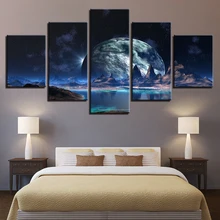 

Canvas Posters Home Decor Wall Art 5 Pieces Lunar Starry Sky Mountain Lake Paintings HD Prints Moon Abstract Pictures Framework