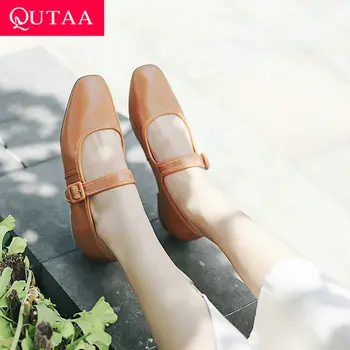 

QUTAA 2019 Cow Leather+pu Fashion Women Pumps Buckle Strap All Match Platform Low Heel Women Shoes Ladies Pumps Size 34-39
