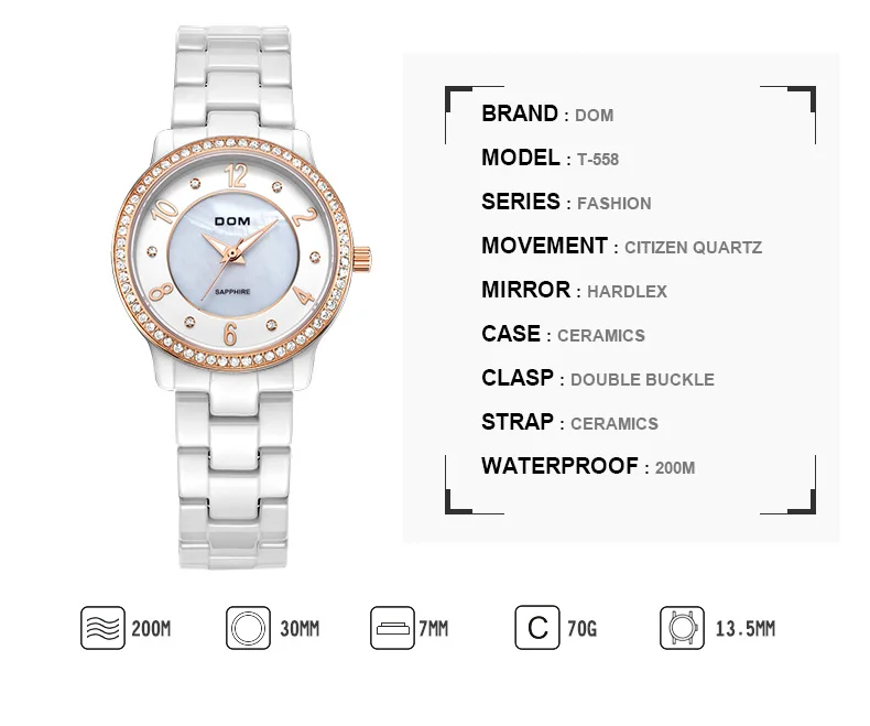 Модные женские наручные часы с бриллиантами DOM T-558 керамика ремешок для часов Топ люксовый бренд женское платье Женева кварцевые часы
