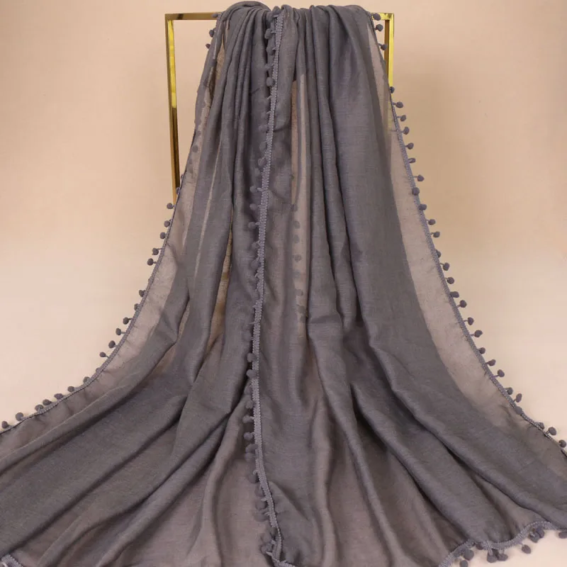 Женский модный простой шарф из вискозы с кисточками и помпонами, пашминовый палантин, мусульманский хиджаб Sjaal 180*80 см