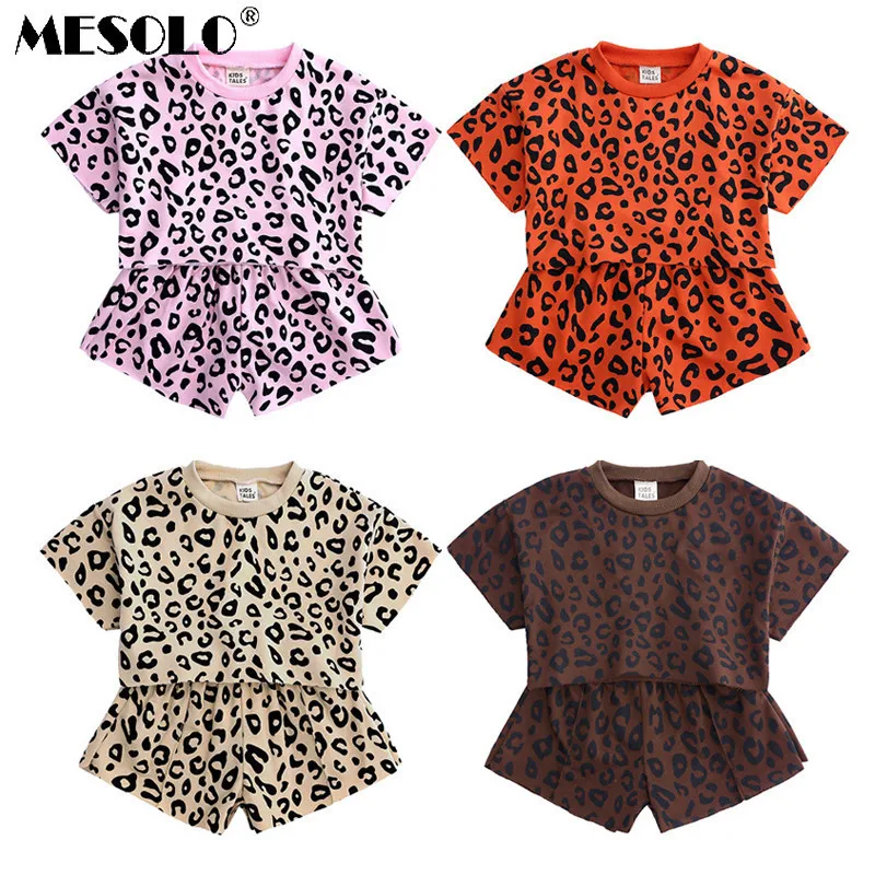 

MESOLO Girl Summer Wear Suit 2019 In Children Short Sleeve Shorts Leisure Time Clothes Baby Western Style Leopard Print Twinset