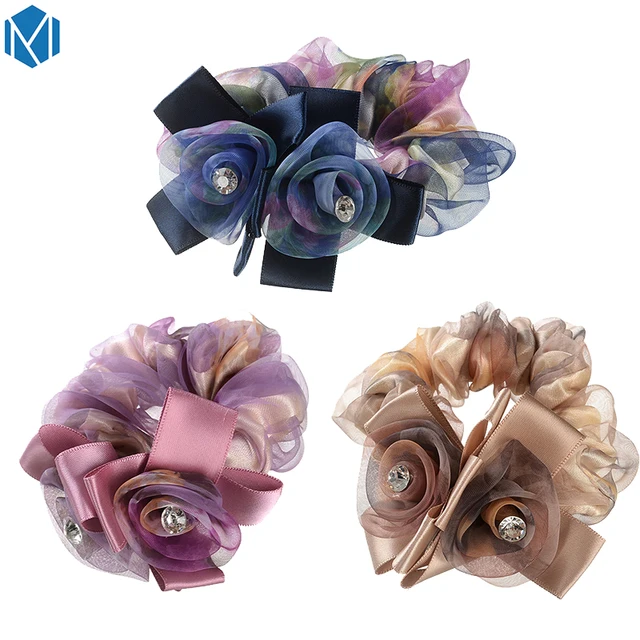 MISM Fantasy Flower Elastic Head Hair Band Accessories Elegant Women Ribbon Bow Headband Yarn Floral Crystal Hair Rope Gumming