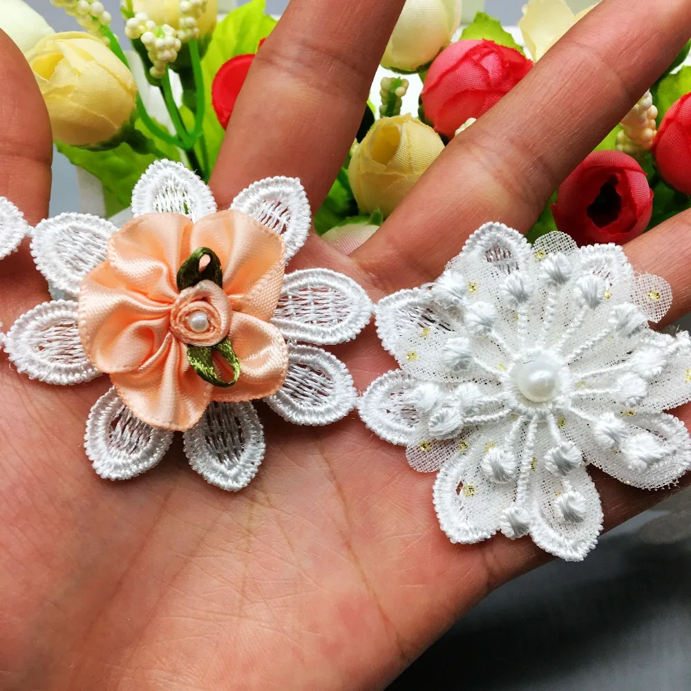 

5pcs Vintage Satin Flowers Lace Trim White Pearl Sewing Beaded Wedding Flouwer Dress Ribbon Garment Fabric Embroidered Craft