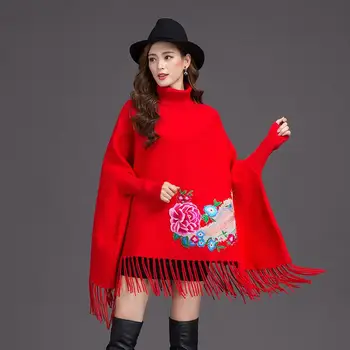 

2019 Winter Women Embroidery Tassel Turtleneck Cashmer Sweater Cardigan Knitted Poncho FemaleThick Warm Tricot Cloak Coat K188