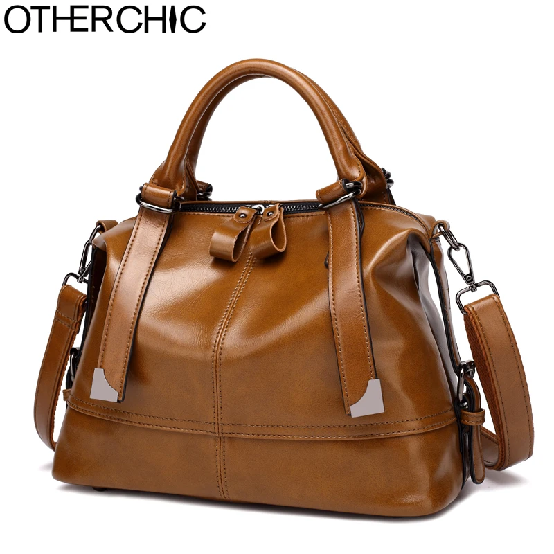 

OTHERCHIC Vintage Women Designer Handbags All Match Wax Leather Boston Bag Fashion Solid Women Shoulder Messenger Bags L-7N08-62