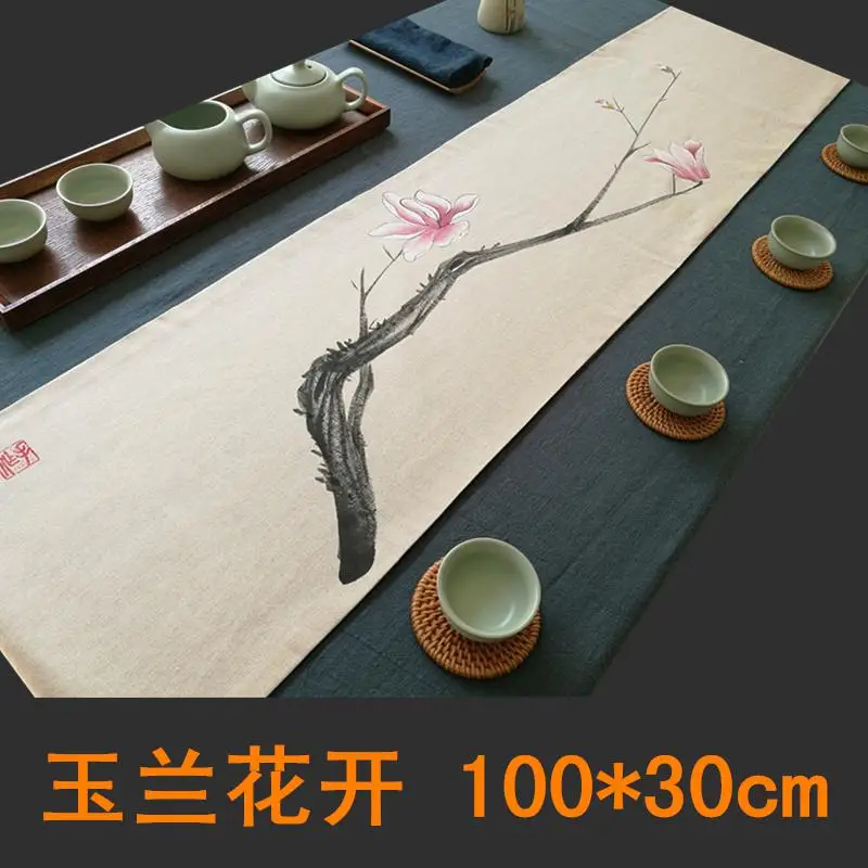 Двухслойный чайный стол Лен дзен ручная роспись ткань коврик флаг из Хлопка Большая церемония на заказ 300*30 см - Цвет: 100and30cm
