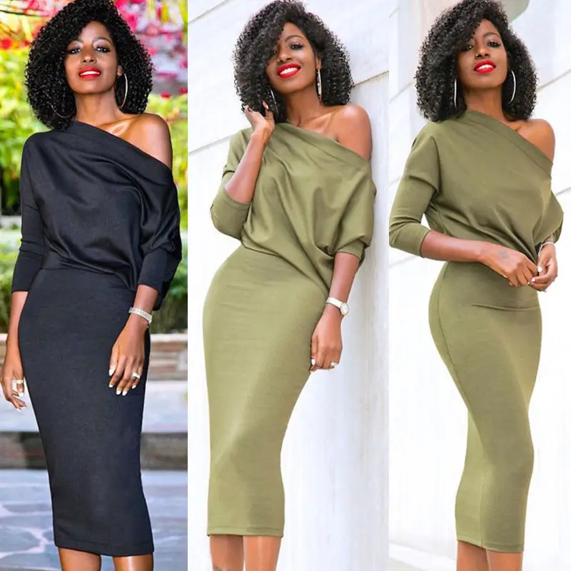 

Fashion Womens Ladies Sexy One Shoulder Bandage Bodycon Night Party Club Midi Dress Solid Slim Formal Dress