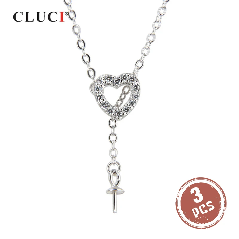 

CLUCI 3pcs 925 Sterling Silver Bling Heart Pendant Zircons Charms Necklace Silver 925 Pearl Necklace Mounting Jewelry for Women