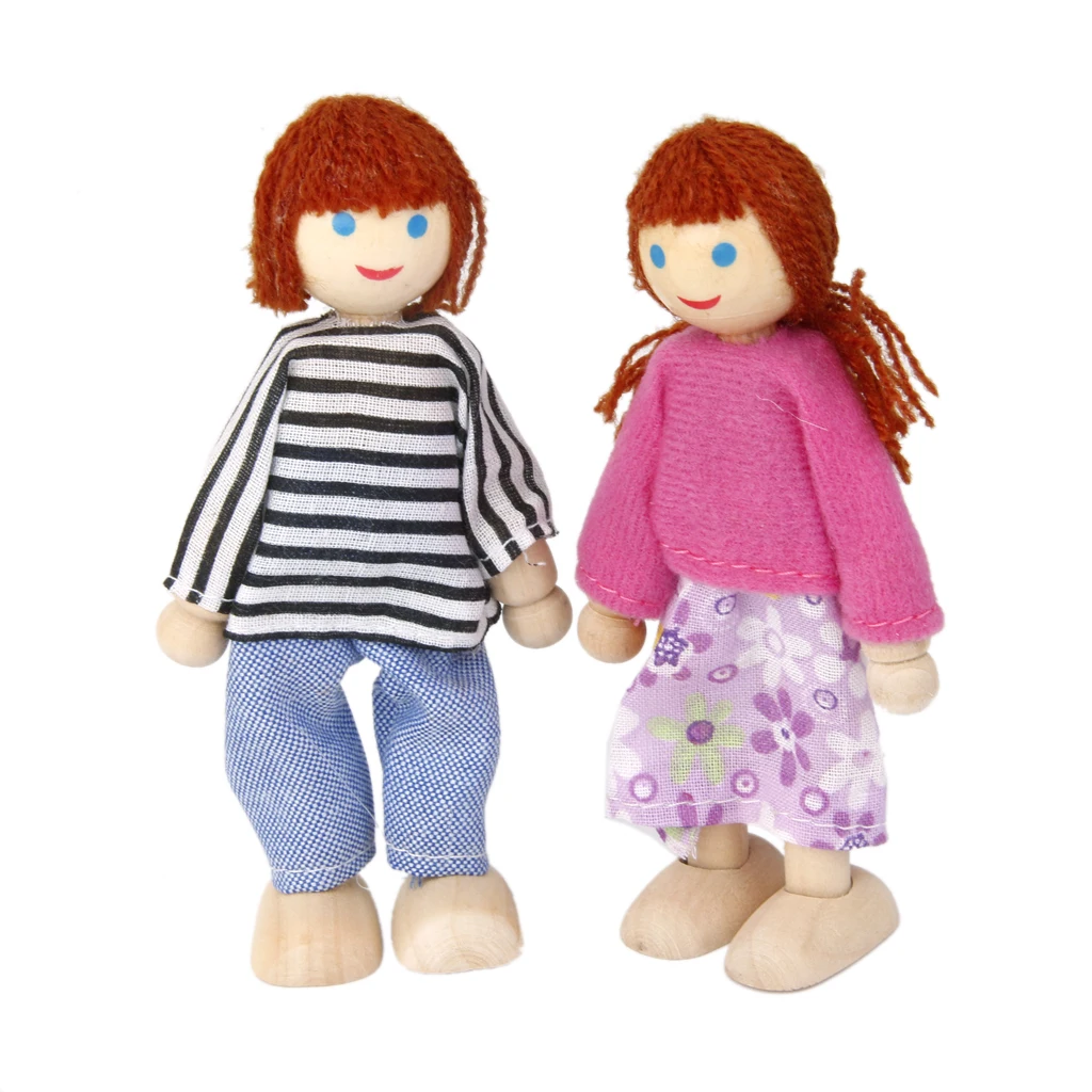 Dressed Wooden Family Members 6 Dolls Figures Toy for Dollhouse Characters Gift
