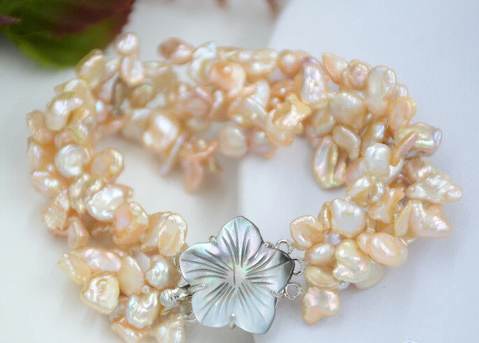 

Hot sell Noble- FREE SHIPPING>>>@@ 0805 4row 8" pink lamina BAROQUE KESHI REBORN PEARL bracelet