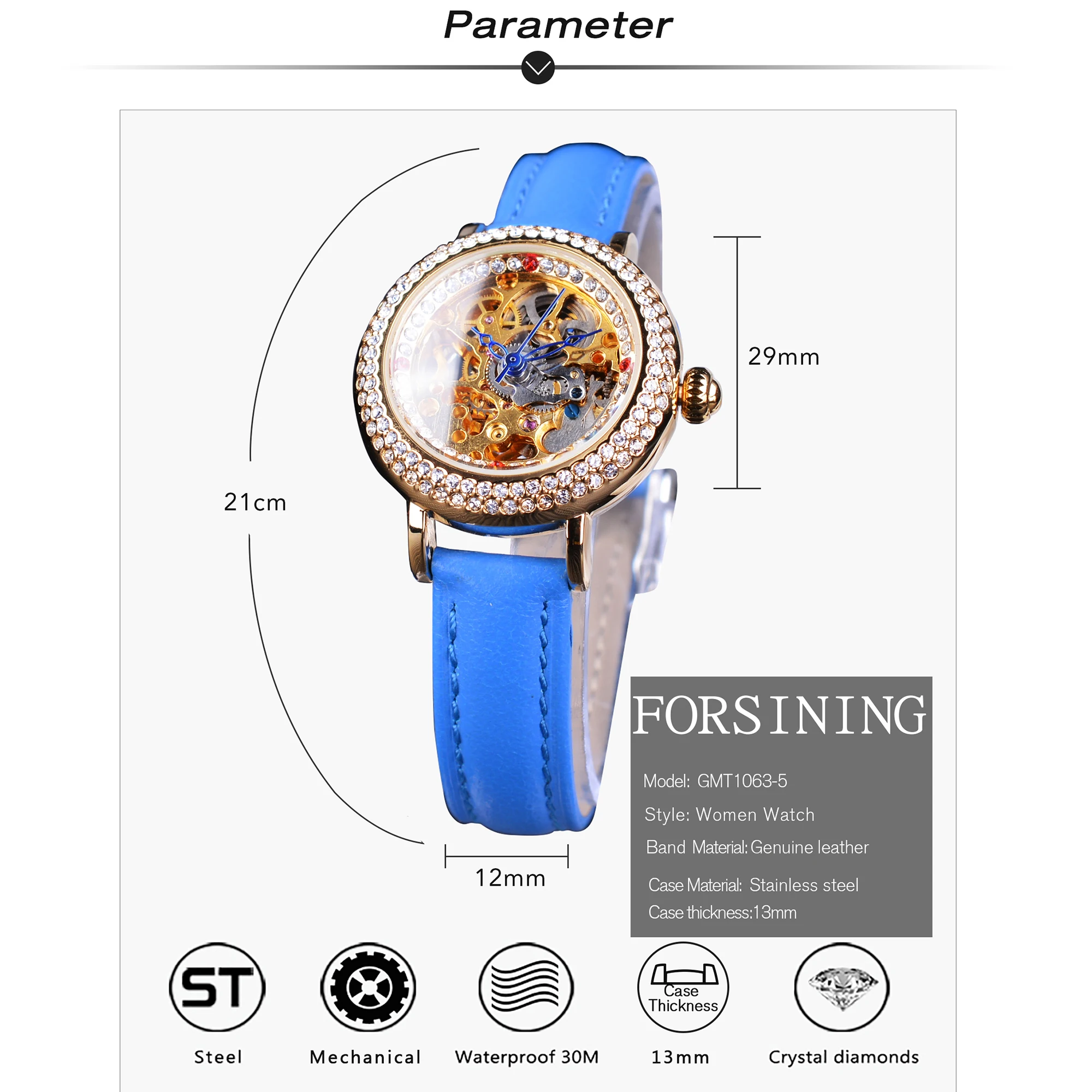 Forsining модный синий ремешок Леди алмаз золото цветок шестерни прозрачный маленький для женщин механические часы с скелетом лучший бренд класса люкс
