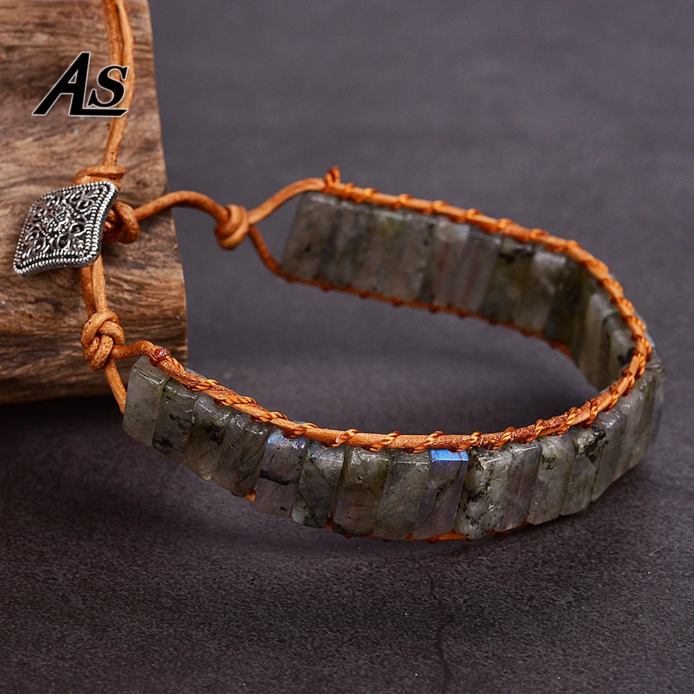 

Asingeloo Labradorite Natural Beads Leather Rope Wrap Thread Handmade Tube Jewelry Vintage Cuff Bracelet Bohemia