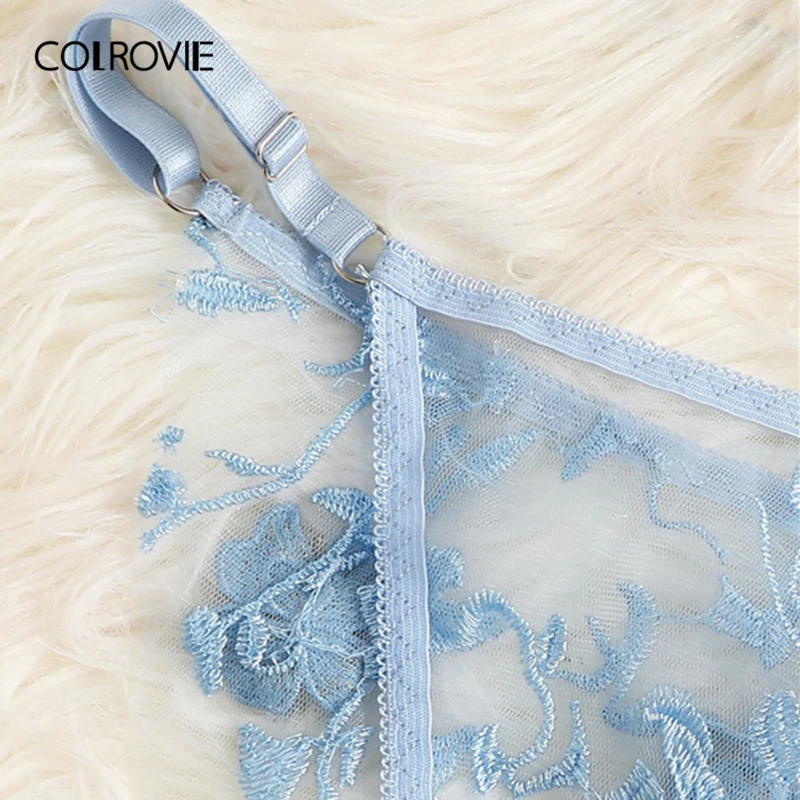 COLROVIE, комплект женского нижнего белья с синей аппликацией и сеткой, женское нижнее белье,, сексуальный беспроводной бюстгальтер и трусы, комплект нижнего белья с бюстгальтером