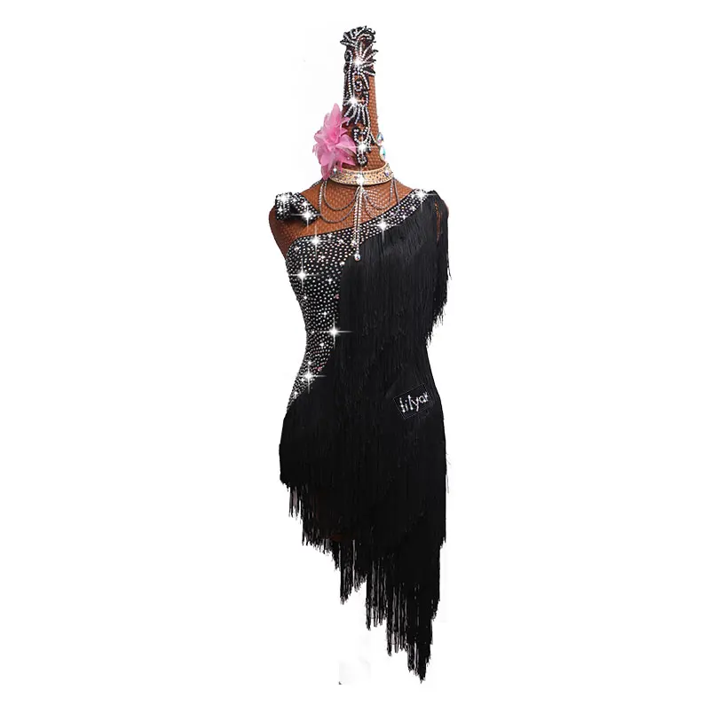 Стразы платье для латинских танцев черный профессиональный костюм для женщин бахрома Samba одежда для женщин s костюмы бальных танцев