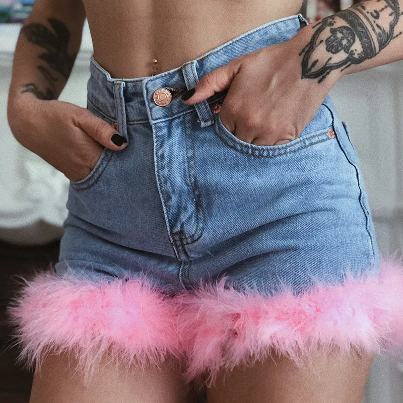 

Europe Streetwise Denim Blue Shorts for Women Cute Pink Fluffy Patchwork High Waist Jeans Shorts Skinny Fashion Casual Shorts