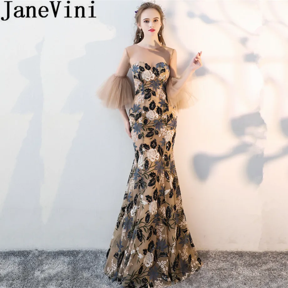 

JaneVini 2018 Mermaid Long Bridesmaid Dresses with Sequins Embroidery Flower Shape Backless Tulle Maid Of Honor Dress Prom Wear