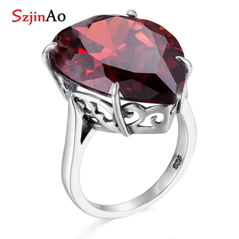 

SzjinAo Handmade Heart Shape Vintaga Garnet Rings Solid 925 Sterling Silver January Birthstone Fine Jewelry Womens Accessoires