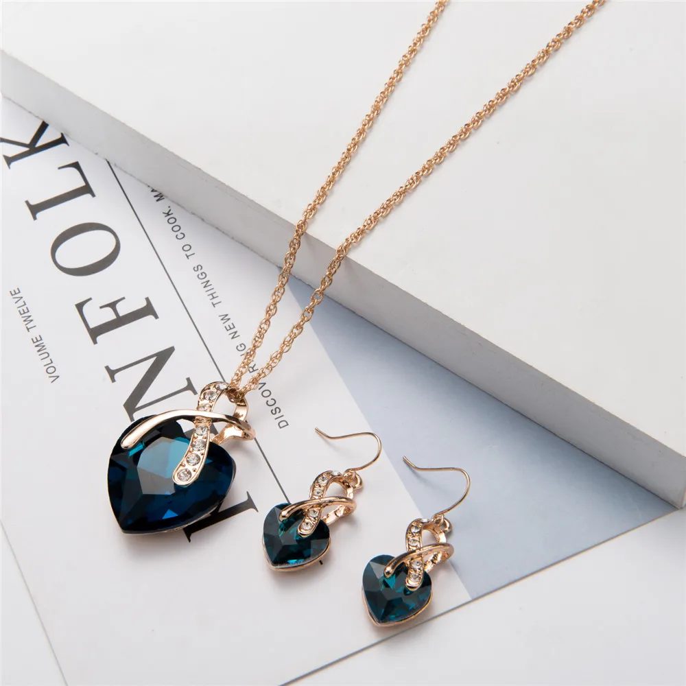 white green blue purple Austrian Crystal Necklace Earrings Sets Engagement Gold Color Heart Crystal Jewelry Set For Women S020