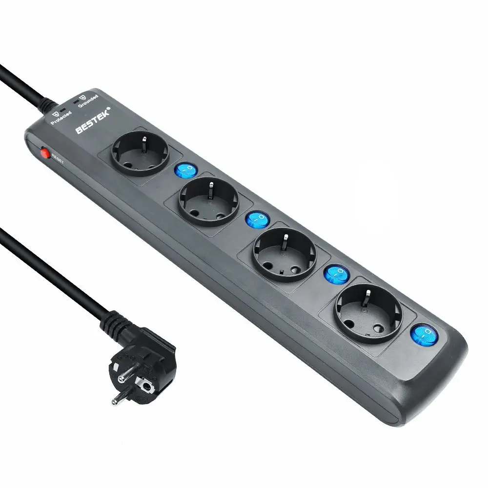 BESTEK Power Sockets Power Strip Eu Plug 4 Outlet 2000J Surge Protector