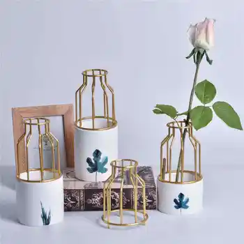 

Nordic Chic Storage Jars with Frame Modern Ins Pencil Holder Plants Pattern Ceramic Floral Machine Flower Vase Storage Jar S M L