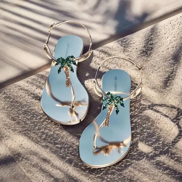 

INS sexy lady summer green diamonds palm tree T strap flip-flops rhinestones palm tree woman beach T strap Flip sandals