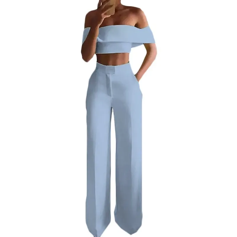 

Word shoulder mopping Pants 2pc Set Women Solid Off The Shoulder Crop Top+Pants Sets Fashion Sexy Female Pants Summer Suit F636