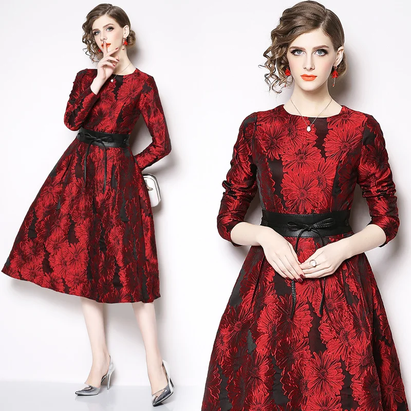 

New Arrival 2019 Spring Winter Fall Runway Foral Jacquard Sashes Sexy Crew Neck Women Party Casual Empire Evening Medium Dress