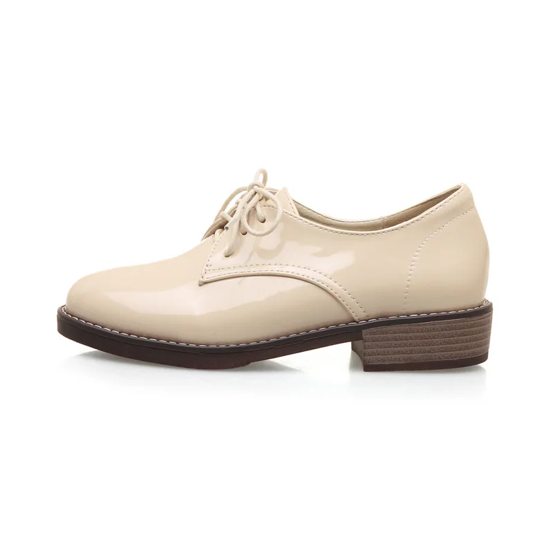 Oxfords Shoes Woman Casual Loafers Lace-Up Flats Fashion Brogue Shoes Patent PU Leather Women Shoes Plus Size Pink Beige Black (2)