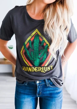 

New Women T-Shirt Summer Short Sleeve tops tee Cactus O-Neck T-Shirt Casual Femme Dark Grey t shirt Ladies Tops Tee