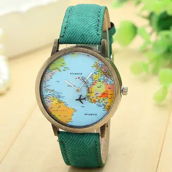 

2018 New Fashion Plane And World Map Denim Fabric Band Watch Casual Women Wristwatches Quartz Watch Relogio Feminino Gift